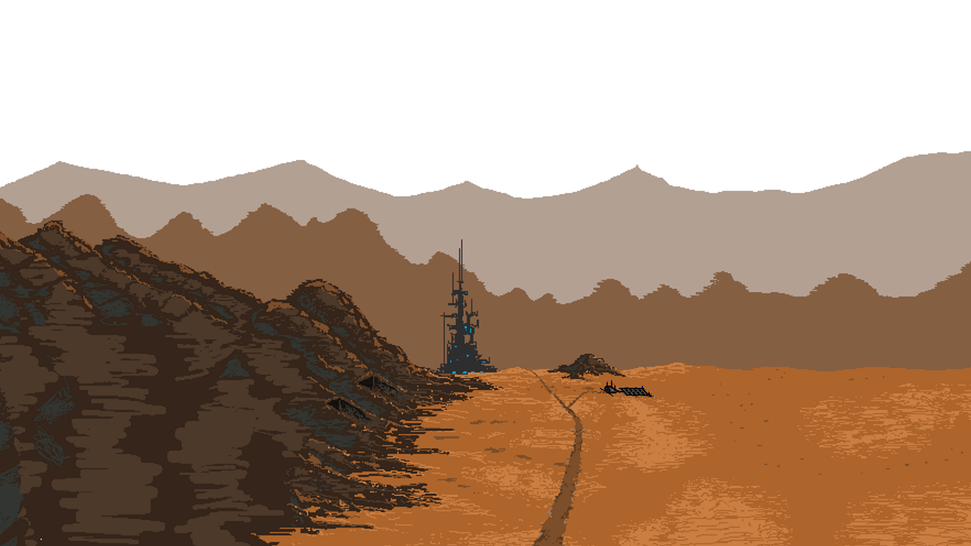 A pixel-art alien outpost across a distant rocky landscape
